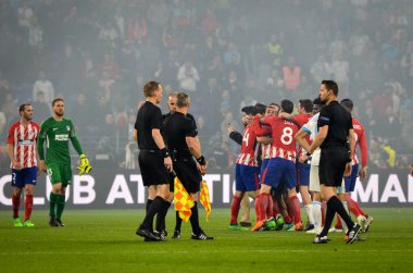 Lyon, Fransa - 16 Mayıs, 2018: Athletico Madrid final Uefa Avrupa Ligi Groupama Stadyumu, Fransa Marsilya karşı zafer kutluyor