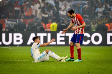 Lyon, Fransa - 16 Mayıs, 2018: Juanfran Atletico Madrid vs Groupama Stadyumu, Fransa Olimpik Marsilya arasında final Uefa Avrupa Ligi maçı sırasında
