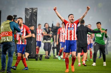 Lyon, Fransa - 16 Mayıs, 2018: Athletico Madrid ve Saul Niguez final Uefa Avrupa Ligi Groupama Stadyumu, Fransa Olimpik Marsilya karşı zafer kutluyor