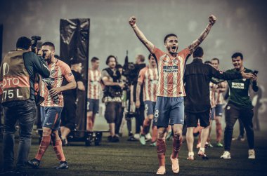 Lyon, Fransa - 16 Mayıs, 2018: Athletico Madrid ve Saul Niguez final Uefa Avrupa Ligi Groupama Stadyumu, Fransa Olimpik Marsilya karşı zafer kutluyor