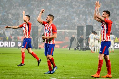 Lyon, Fransa - 16 Mayıs, 2018: Athletico Madrid oyuncular final Uefa Avrupa Ligi Groupama Stadyumu, Fransa Olimpik Marsilya karşı zafer kutluyor