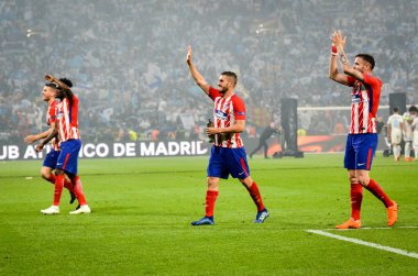 Lyon, Fransa - 16 Mayıs, 2018: Athletico Madrid oyuncular final Uefa Avrupa Ligi Groupama Stadyumu, Fransa Olimpik Marsilya karşı zafer kutluyor