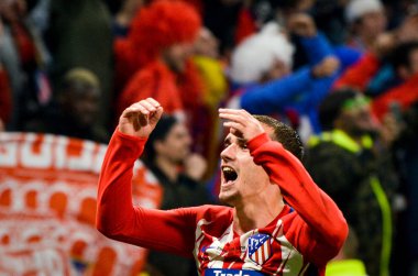 Lyon, Fransa - 16 Mayıs, 2018: Athletico Madrid ve Antoine Griezmann final Uefa Avrupa Ligi Groupama Stadyumu, Fransa Olimpik Marsilya karşı zafer kutluyor