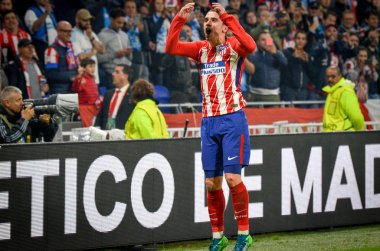Lyon, Fransa - 16 Mayıs, 2018: Athletico Madrid ve Antoine Griezmann final Uefa Avrupa Ligi Groupama Stadyumu, Fransa Olimpik Marsilya karşı zafer kutluyor
