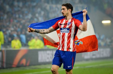 Lyon, Fransa - 16 Mayıs, 2018: Athletico Madrid ve Sime Vrsaljko final Uefa Avrupa Ligi Groupama Stadyumu, Fransa Olimpik Marsilya karşı zafer kutluyor