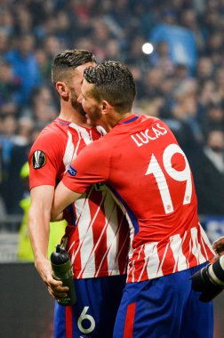 Lyon, Fransa - 16 Mayıs, 2018: Athletico Madrid oyuncular final Uefa Avrupa Ligi Groupama Stadyumu, Fransa Olimpik Marsilya karşı zafer kutluyor