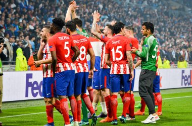 Lyon, Fransa - 16 Mayıs, 2018: Athletico Madrid oyuncular final Uefa Avrupa Ligi Groupama Stadyumu, Fransa Olimpik Marsilya karşı zafer kutluyor