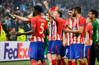 Lyon, Fransa - 16 Mayıs, 2018: Athletico Madrid ve Thomas final Uefa Avrupa Ligi Groupama Stadyumu, Fransa Olimpik Marsilya karşı zafer kutluyor
