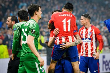 Lyon, Fransa - 16 Mayıs, 2018: Athletico Madrid oyuncular ve Angel Correa final Uefa Avrupa Ligi Groupama Stadyumu, Fransa Olimpik Marsilya karşı zafer kutluyor