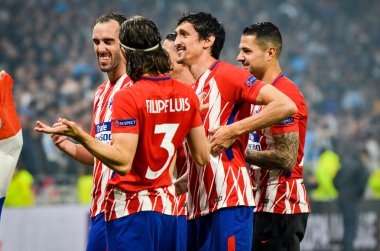 Lyon, Fransa - 16 Mayıs, 2018: Athletico Madrid oyuncular ve Filipe Luis final Uefa Avrupa Ligi Groupama Stadyumu, Fransa Olimpik Marsilya karşı zafer kutluyor