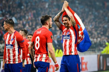 Lyon, Fransa - 16 Mayıs, 2018: Athletico Madrid oyuncular ve Sime Vrsaljko final Uefa Avrupa Ligi Groupama Stadyumu, Fransa Olimpik Marsilya karşı zafer kutluyor