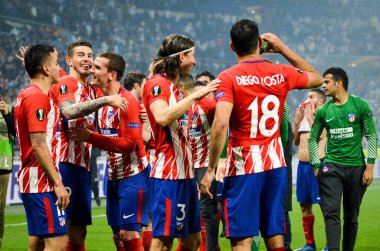 Lyon, Fransa - 16 Mayıs, 2018: Diego Costa ve Filipe Luis final Uefa Avrupa Ligi Groupama Stadyumu, Fransa Olimpik Marsilya karşı zafer kutluyor