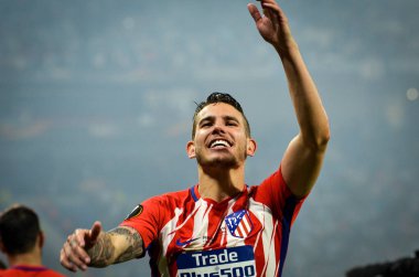 Lyon, Fransa - 16 Mayıs, 2018: Lucas Hernandez final Uefa Avrupa Ligi Groupama Stadyumu, Fransa Olimpik Marsilya karşı zafer kutluyor