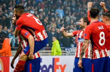 Lyon, Fransa - 16 Mayıs, 2018: Athletico Madrid oyuncular ve Koke, Gabi final Uefa Avrupa Ligi Groupama Stadyumu, Fransa Olimpik Marsilya karşı zafer kutluyor