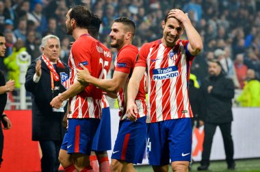 Lyon, Fransa - 16 Mayıs, 2018: Athletico Madrid oyuncular ve Gabi final Uefa Avrupa Ligi Groupama Stadyumu, Fransa Olimpik Marsilya karşı zafer kutluyor