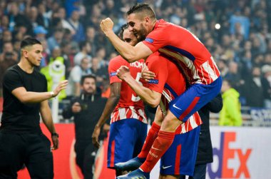 Lyon, Fransa - 16 Mayıs, 2018: Athletico Madrid oyuncular ve Koke final Uefa Avrupa Ligi Groupama Stadyumu, Fransa Olimpik Marsilya karşı zafer kutluyor