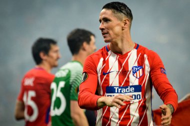 Lyon, Fransa - 16 Mayıs, 2018: Athletico Madrid oyuncular ve Fernando Torres final Uefa Avrupa Ligi Groupama Stadyumu, Fransa Olimpik Marsilya karşı zafer kutluyor