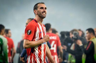 Lyon, Fransa - 16 Mayıs, 2018: Athletico Madrid oyuncular ve Juanfran son Uefa Avrupa Ligi Groupama Stadyumu, Fransa Olimpik Marsilya karşı zafer kutluyor
