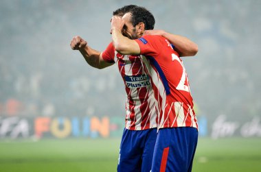 Lyon, Fransa - 16 Mayıs, 2018: Athletico Madrid oyuncular ve Juanfran son Uefa Avrupa Ligi Groupama Stadyumu, Fransa Olimpik Marsilya karşı zafer kutluyor