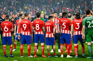 Lyon, Fransa - 16 Mayıs, 2018: oyuncular Atletico Madrid Groupama Stadyumu, Fransa Marsilya oyuncular için koridor başladı