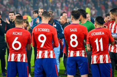 Lyon, Fransa - 16 Mayıs, 2018: oyuncular Atletico Madrid Groupama Stadyumu, Fransa Marsilya oyuncular için koridor başladı