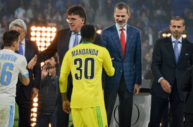 Lyon, Fransa - 16 Mayıs, 2018: Steve Mandanda Groupama Stadyumu, Fransa final Uefa Avrupa Ligi maçı sırasında