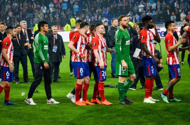 Lyon, Fransa - 16 Mayıs, 2018: futbolcular Atletico Madrid almak Uefa Avrupa Ligi altın madalya Groupama Stadyumu, Fransa