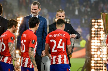 Lyon, Fransa - 16 Mayıs, 2018: futbolcular Atletico Madrid ve Jose Gimenez almak Uefa Avrupa Ligi altın madalya Groupama Stadyumu, Fransa