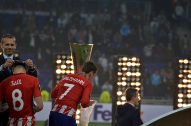 Lyon, Fransa - 16 Mayıs, 2018: Athletico Madrid oyuncular ve Antoine Griezmann final Uefa Avrupa Ligi Groupama Stadyumu, Fransa Olimpik Marsilya karşı zafer kutluyor