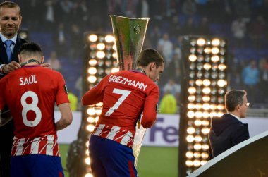 Lyon, Fransa - 16 Mayıs, 2018: Athletico Madrid oyuncular ve Antoine Griezmann final Uefa Avrupa Ligi Groupama Stadyumu, Fransa Olimpik Marsilya karşı zafer kutluyor