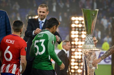 Lyon, Fransa - 16 Mayıs, 2018: Athletico Madrid oyuncular final Uefa Avrupa Ligi Groupama Stadyumu, Fransa Olimpik Marsilya karşı zafer kutluyor