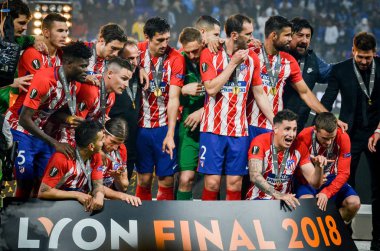 Lyon, Fransa - 16 Mayıs, 2018: Athletico Madrid oyuncular final Uefa Avrupa Ligi Groupama Stadyumu, Fransa Olimpik Marsilya karşı zafer kutluyor