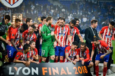 Lyon, Fransa - 16 Mayıs, 2018: Athletico Madrid oyuncular final Uefa Avrupa Ligi Groupama Stadyumu, Fransa Olimpik Marsilya karşı zafer kutluyor