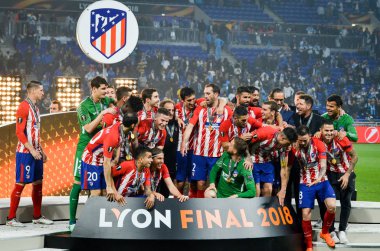 Lyon, Fransa - 16 Mayıs, 2018: Athletico Madrid oyuncular final Uefa Avrupa Ligi Groupama Stadyumu, Fransa Olimpik Marsilya karşı zafer kutluyor