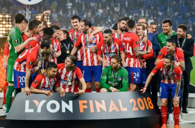 Lyon, Fransa - 16 Mayıs, 2018: Athletico Madrid oyuncular final Uefa Avrupa Ligi Groupama Stadyumu, Fransa Olimpik Marsilya karşı zafer kutluyor