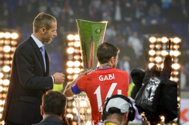 Lyon, Fransa - 16 Mayıs, 2018: Gabi alır onun Kupası Uefa Avrupa Ligi Groupama Stadyumu, Fransa