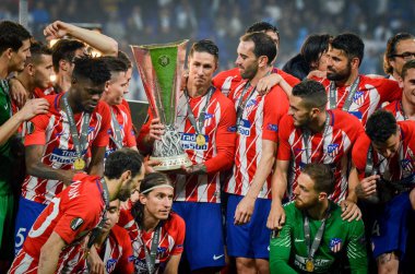 Lyon, Fransa - 16 Mayıs, 2018: Athletico Madrid oyuncular ve Fernando Torres kutluyor zafer Kupası Uefa Avrupa Ligi Groupama Stadyumu, Fransa ile finalde