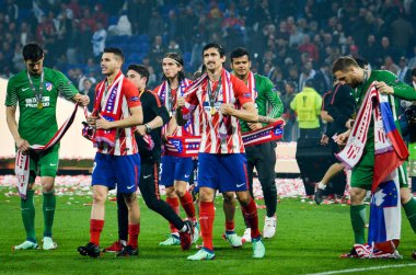Lyon, Fransa - 16 Mayıs, 2018: Athletico Madrid oyuncular final Uefa Avrupa Ligi Groupama Stadyumu, Fransa Olimpik Marsilya karşı zafer kutluyor