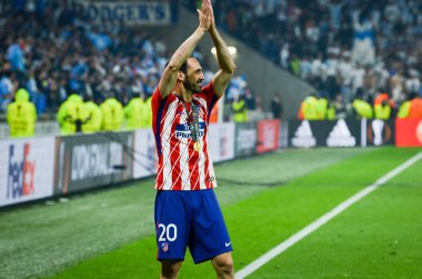 Lyon, Fransa - 16 Mayıs, 2018: Athletico Madrid oyuncular ve Juanfran son Uefa Avrupa Ligi Groupama Stadyumu, Fransa Olimpik Marsilya karşı zafer kutluyor