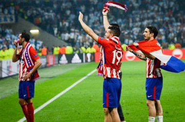 Lyon, Fransa - 16 Mayıs, 2018: Athletico Madrid oyuncular final Uefa Avrupa Ligi Groupama Stadyumu, Fransa Olimpik Marsilya karşı zafer kutluyor