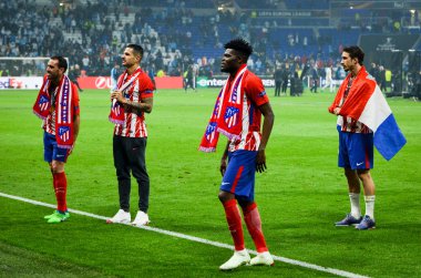 Lyon, Fransa - 16 Mayıs, 2018: Athletico Madrid oyuncular final Uefa Avrupa Ligi Groupama Stadyumu, Fransa Olimpik Marsilya karşı zafer kutluyor