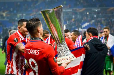 Lyon, Fransa - 16 Mayıs, 2018: Atletico Madrid ve Fernando Torres kutlamak zafer ile Uefa Kupası Avrupa Ligi Groupama Stadyumu, Fransa