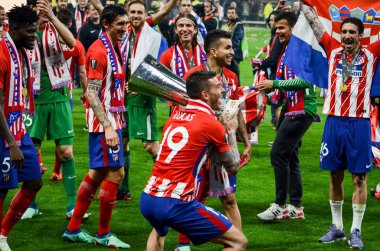 Lyon, Fransa - 16 Mayıs, 2018: Atletico Madrid ve Lucas Hernandez kutlamak zafer ile Uefa Kupası Avrupa Ligi Groupama Stadyumu, Fransa