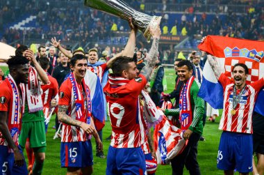 Lyon, Fransa - 16 Mayıs, 2018: Atletico Madrid ve Lucas Hernandez kutlamak zafer ile Uefa Kupası Avrupa Ligi Groupama Stadyumu, Fransa