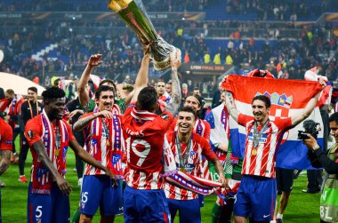 Lyon, Fransa - 16 Mayıs, 2018: Atletico Madrid ve Lucas Hernandez kutlamak zafer ile Uefa Kupası Avrupa Ligi Groupama Stadyumu, Fransa