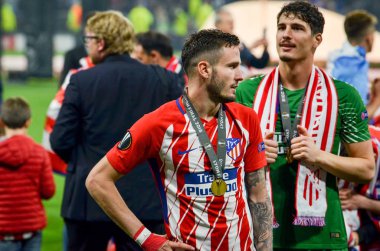 Lyon, Fransa - 16 Mayıs, 2018: Atletico Madrid ve Lucas Hernandez kutlamak zafer ile Uefa Kupası Avrupa Ligi Groupama Stadyumu, Fransa