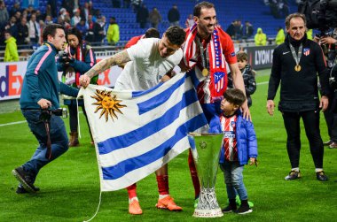 Lyon, Fransa - 16 Mayıs, 2018: Athletico Madrid oyuncular ve Juanfran son Uefa Avrupa Ligi Groupama Stadyumu, Fransa Olimpik Marsilya karşı zafer kutluyor