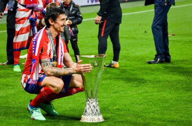 Lyon, Fransa - 16 Mayıs, 2018: Athletico Madrid oyuncular final Uefa Avrupa Ligi Groupama Stadyumu, Fransa Olimpik Marsilya karşı zafer kutluyor