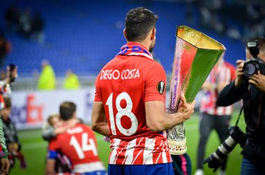 Lyon, Fransa - 16 Mayıs, 2018: Diego Costa final Uefa Avrupa Ligi Groupama Stadyumu, Fransa Olimpik Marsilya karşı zafer kutluyor