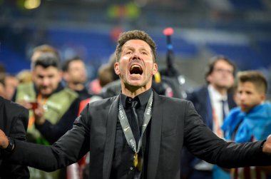 Lyon, Fransa - 16 Mayıs, 2018: Diego Simeone final Uefa Avrupa Ligi Groupama Stadyumu, Fransa Olimpik Marsilya karşı zafer kutluyor